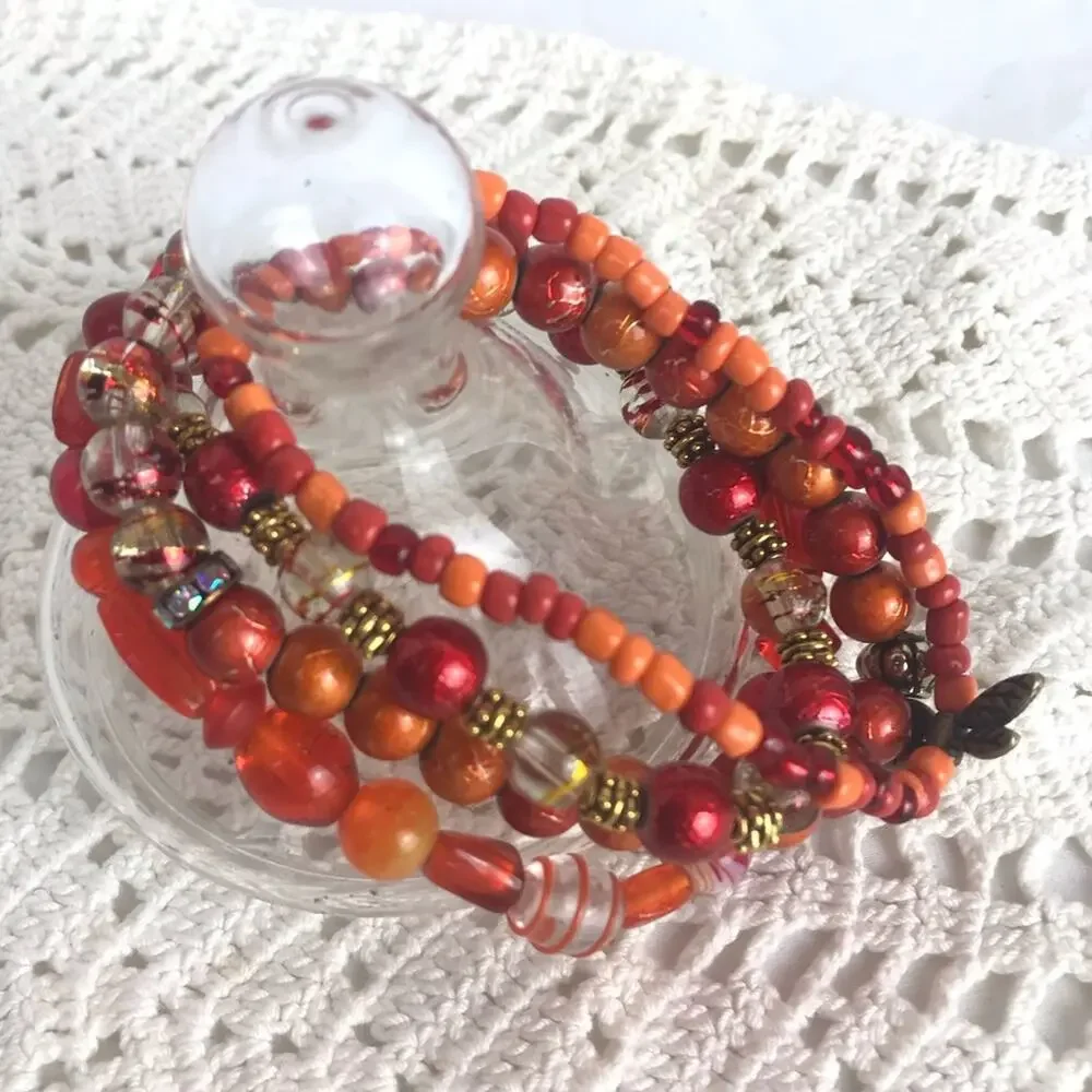Dragonfly Coral Orange Brass Stackable Bracelets